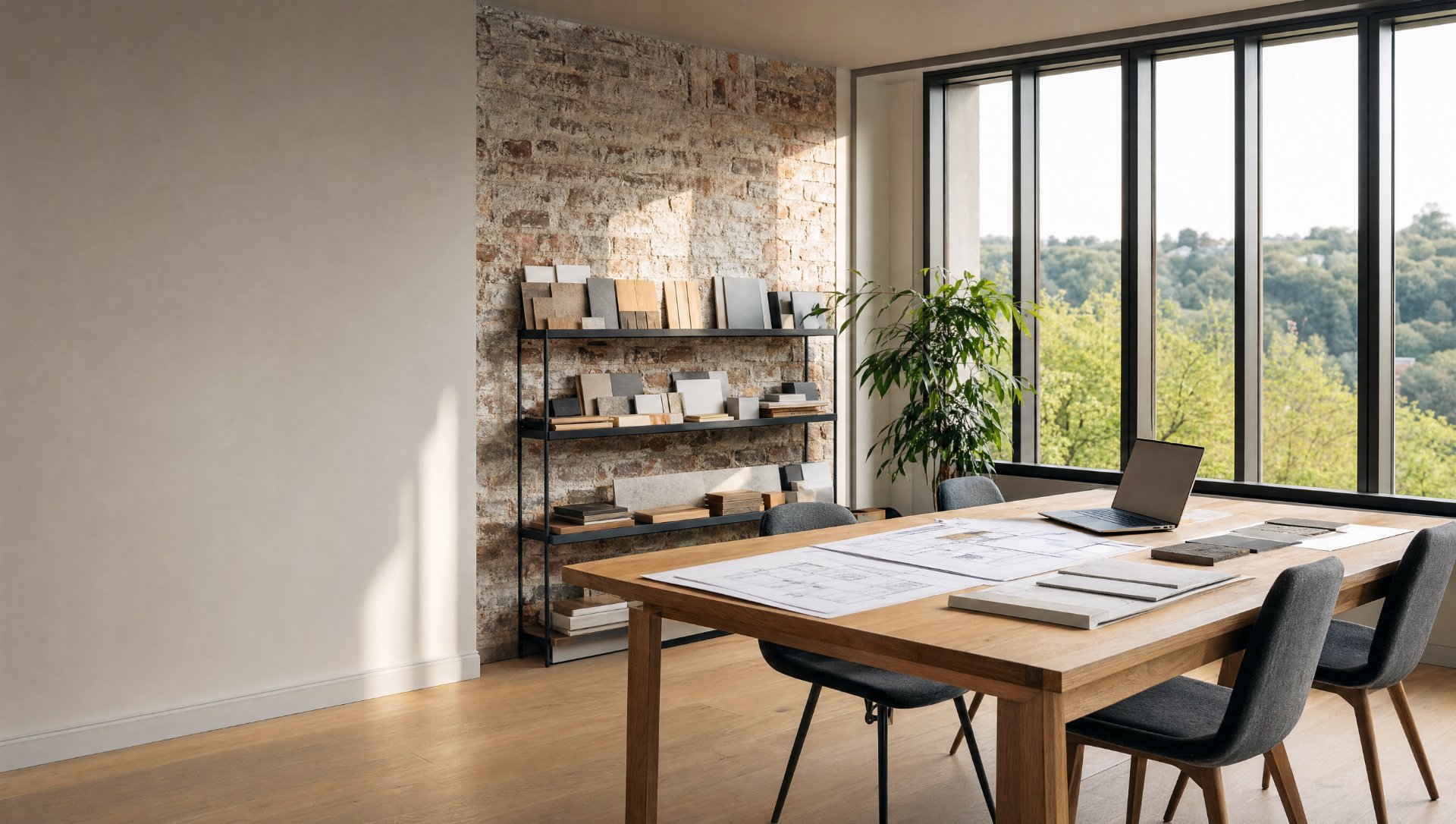 A bright office with an oak meeting table, house plans and a shelf of material samples — where TRC Homes talks clients through their project.