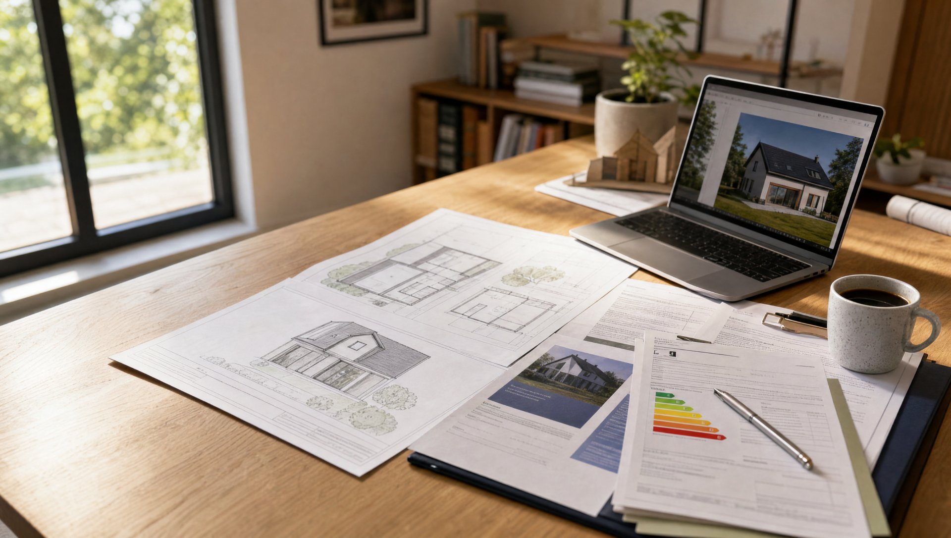 Architectural house plans, a laptop, a BER energy-rating chart and paperwork on a desk.