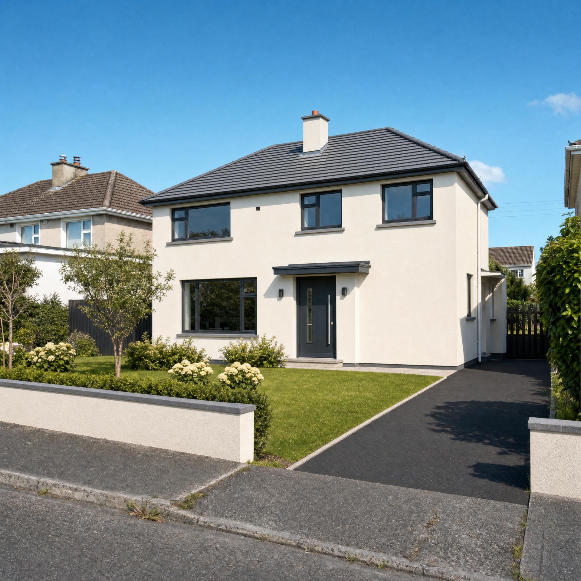 The same Cork house after a full renovation — smooth cream render, dark grey windows, a new roof and a tidy front garden.