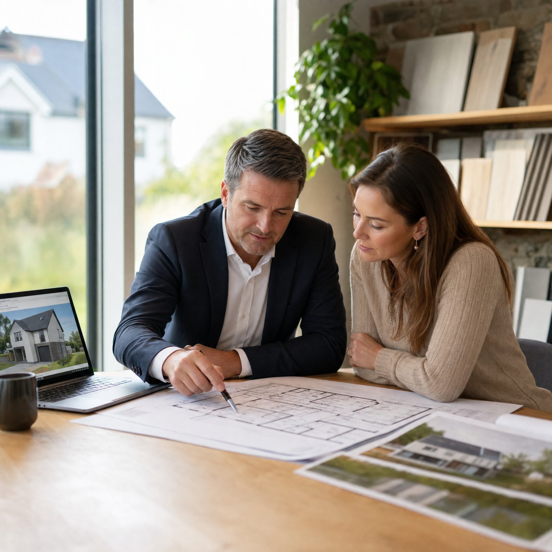 A TRC Homes team member talking a customer through home-upgrade plans and grant options at a consultation.
