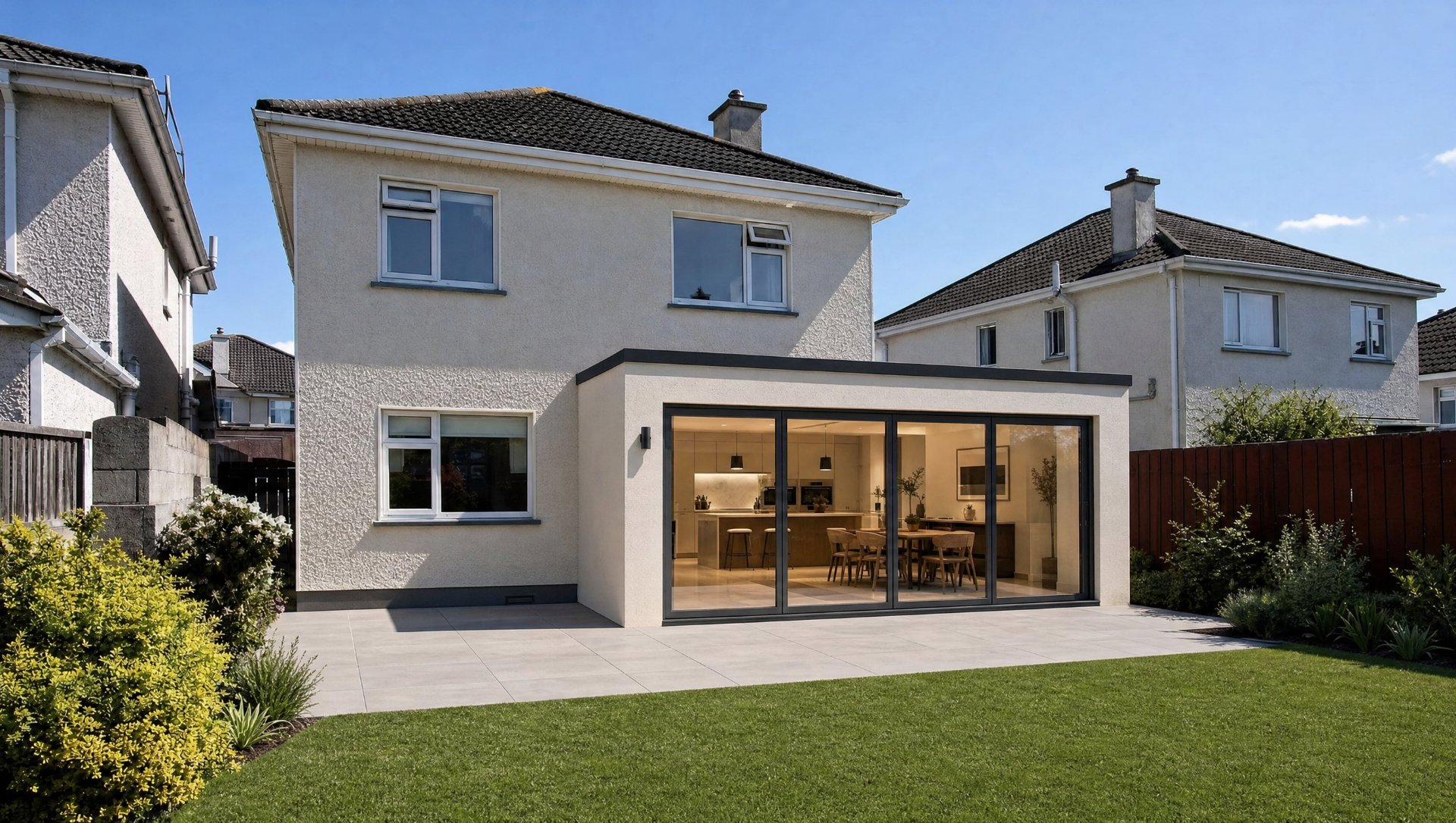 A modern flat-roof rear extension on a Cork home, with anthracite sliding glass doors to the garden