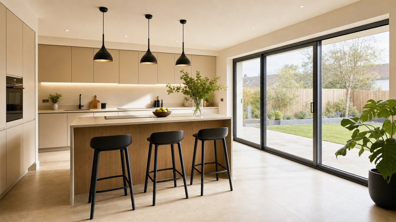The open-plan kitchen in the new extension — cream handleless units, an oak-clad island with black stools and pendants, and sliding doors to the garden.