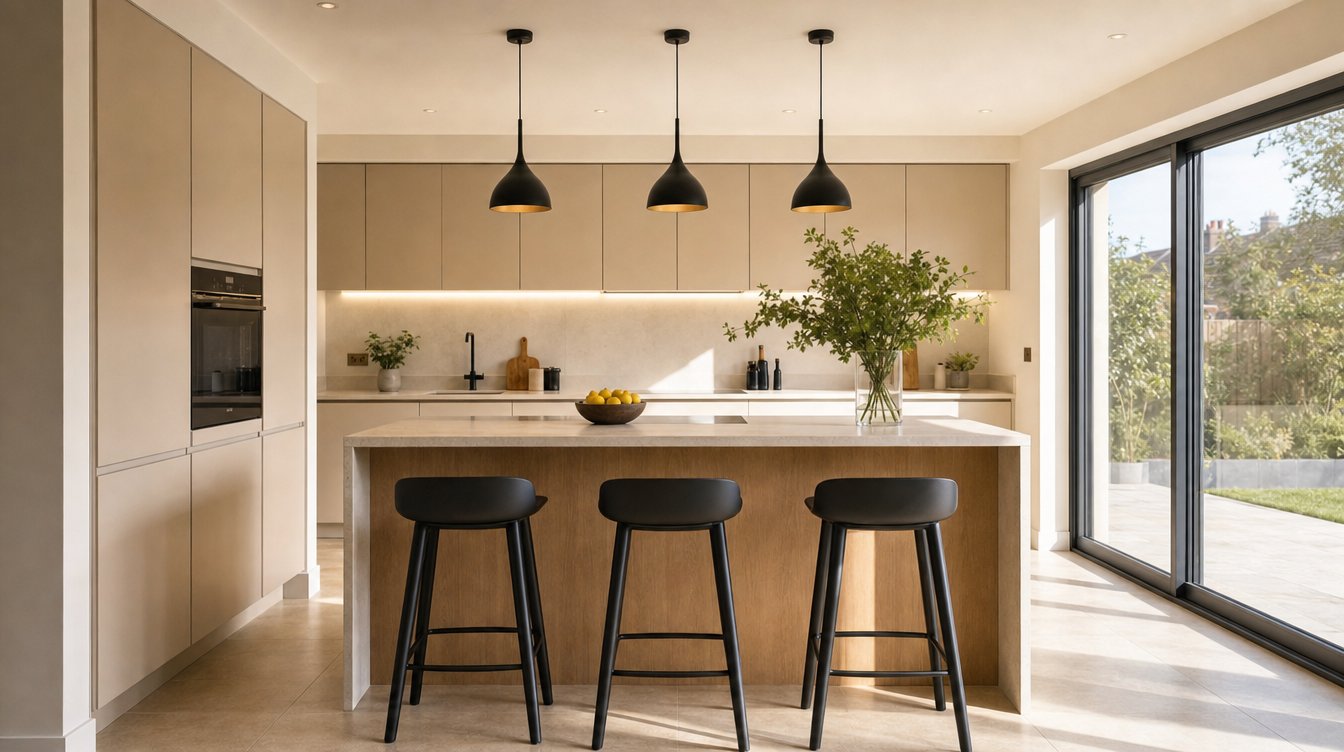 The island and breakfast bar seen straight on, with three black pendants above and integrated appliances in the run behind.
