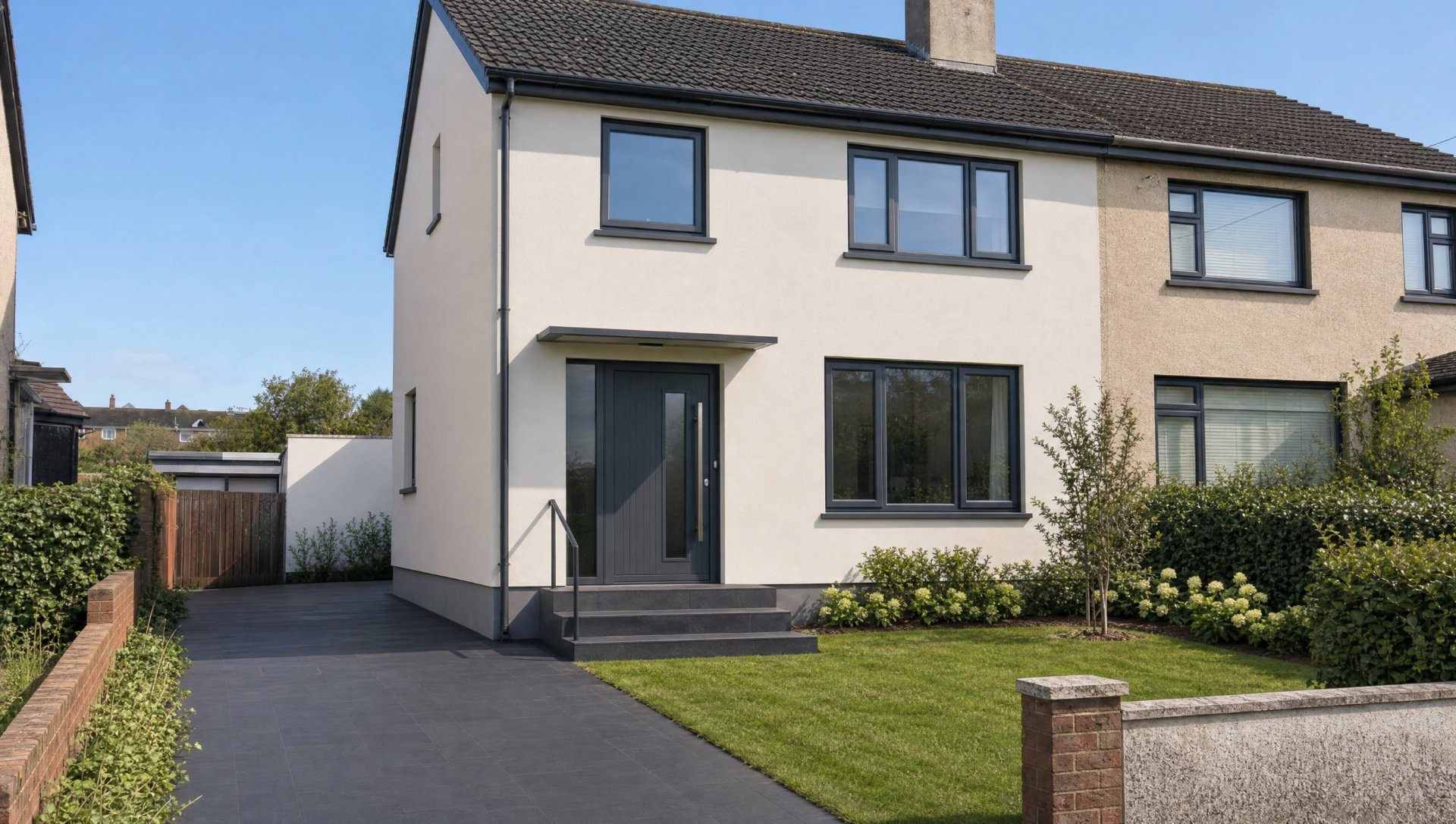 A renovated Cork home — fresh white render, anthracite windows and a modern entrance