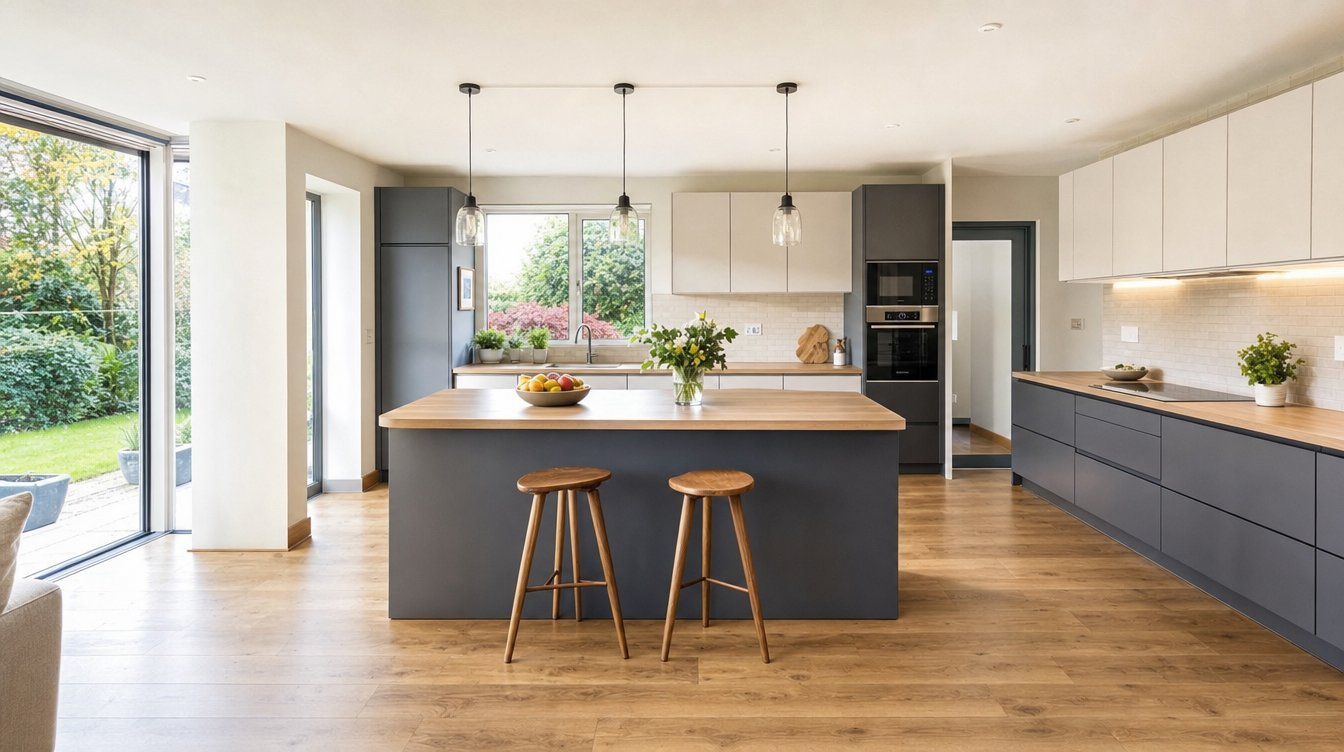 A modern handleless kitchen with an island, oak worktops, integrated appliances and pendant lighting.