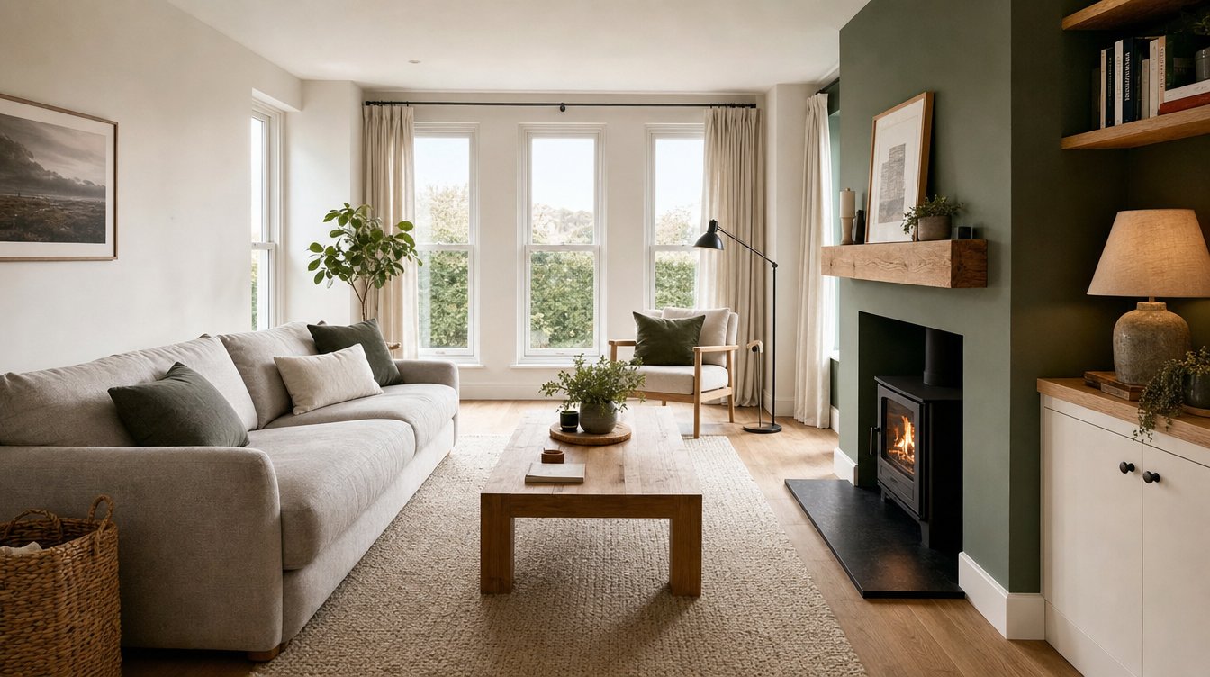 A bright living room with a pale grey sofa, an oak coffee table, a fireplace feature and a green accent wall.