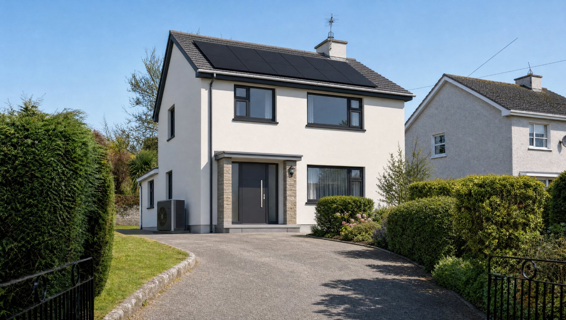A Cork home after a deep energy retrofit by TRC Homes — off-white insulation render, anthracite windows, roof solar panels and a heat pump
